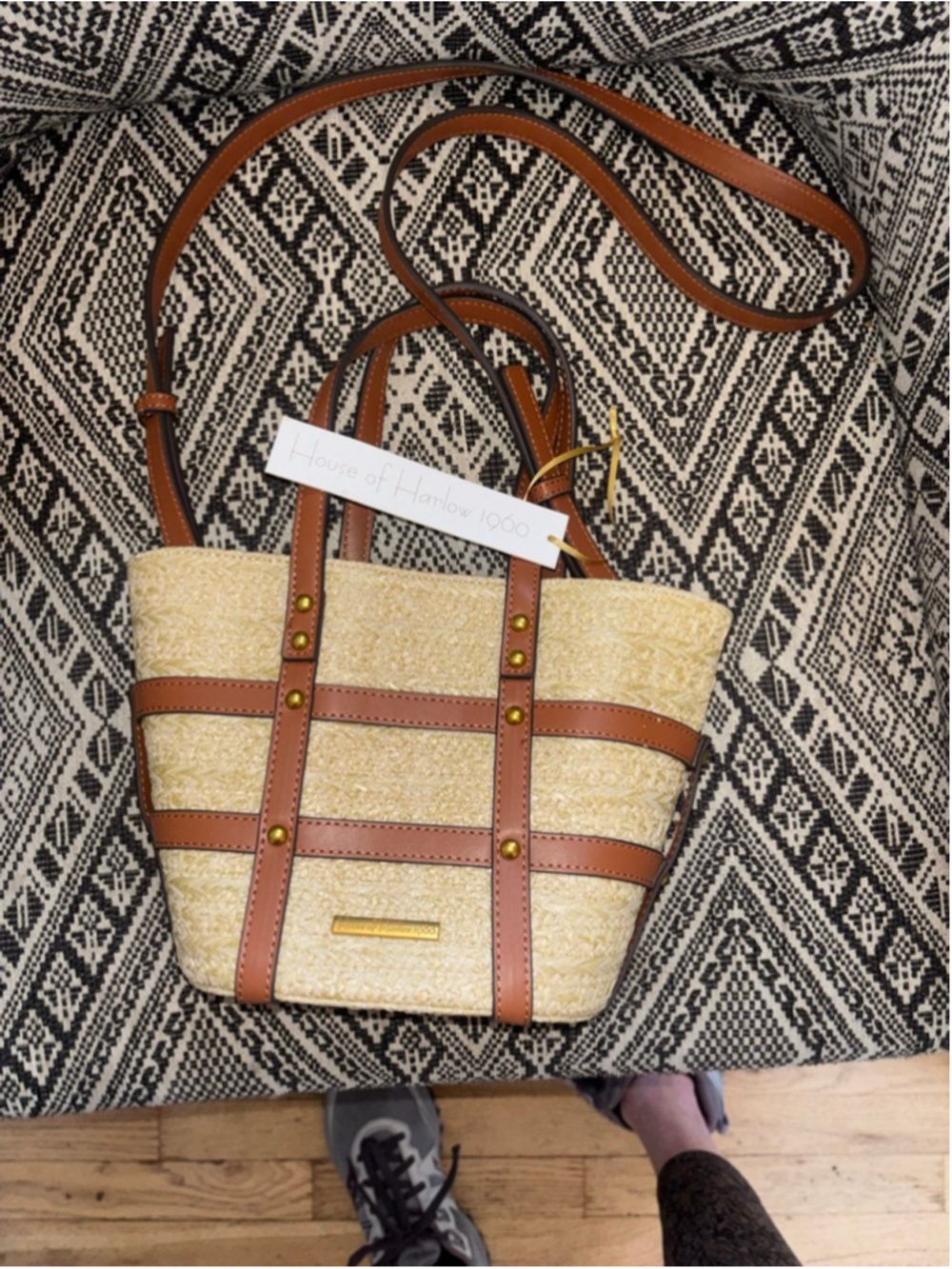NEW House of Harlow Perfect Vacation Straw Leather Bucket Crossbody Handle Bag - Picture 2 of 7